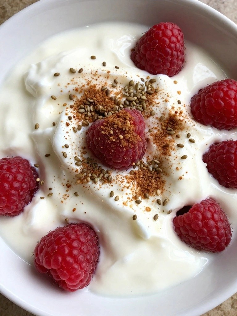 Greek Yogurt Bowl with Hemp Seeds, Cinnamon, and Raspberries