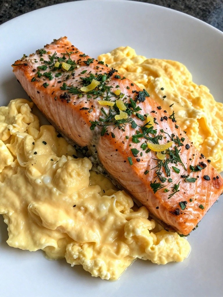 Herb-Crusted Salmon Fillet with Scrambled Eggs