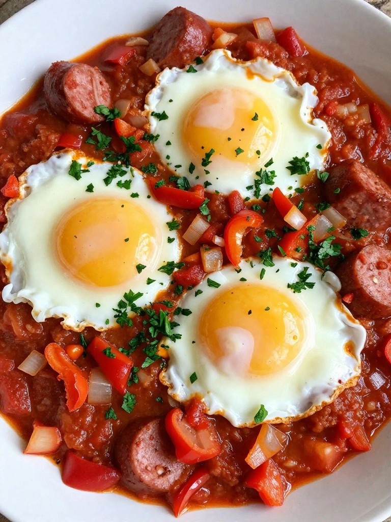 Shakshuka with Poached Eggs and Italian Sausage