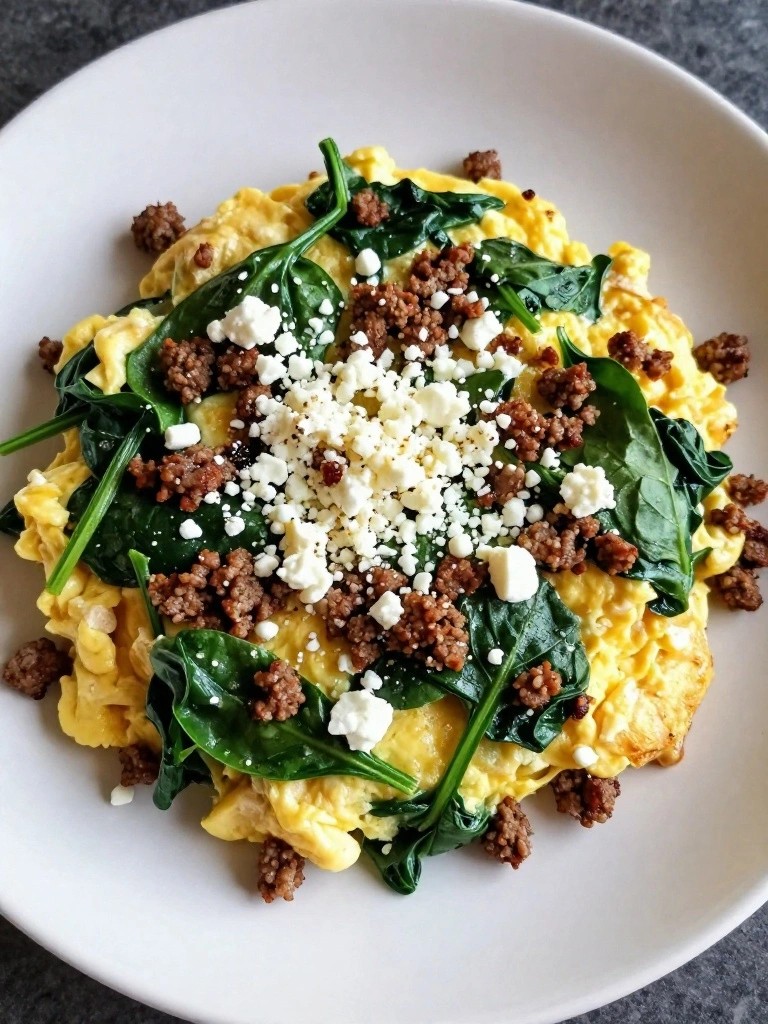 Spinach and Feta Egg Scramble with Turkey Sausage