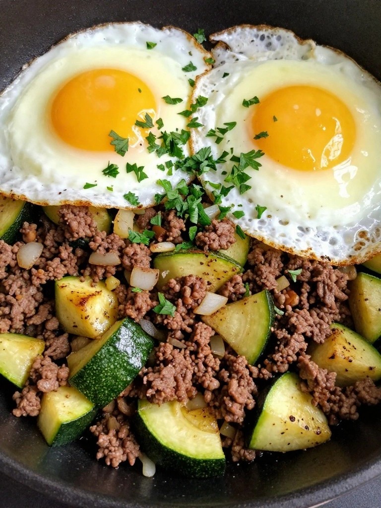 Zucchini and Ground Beef Breakfast Hash with Fried Eggs