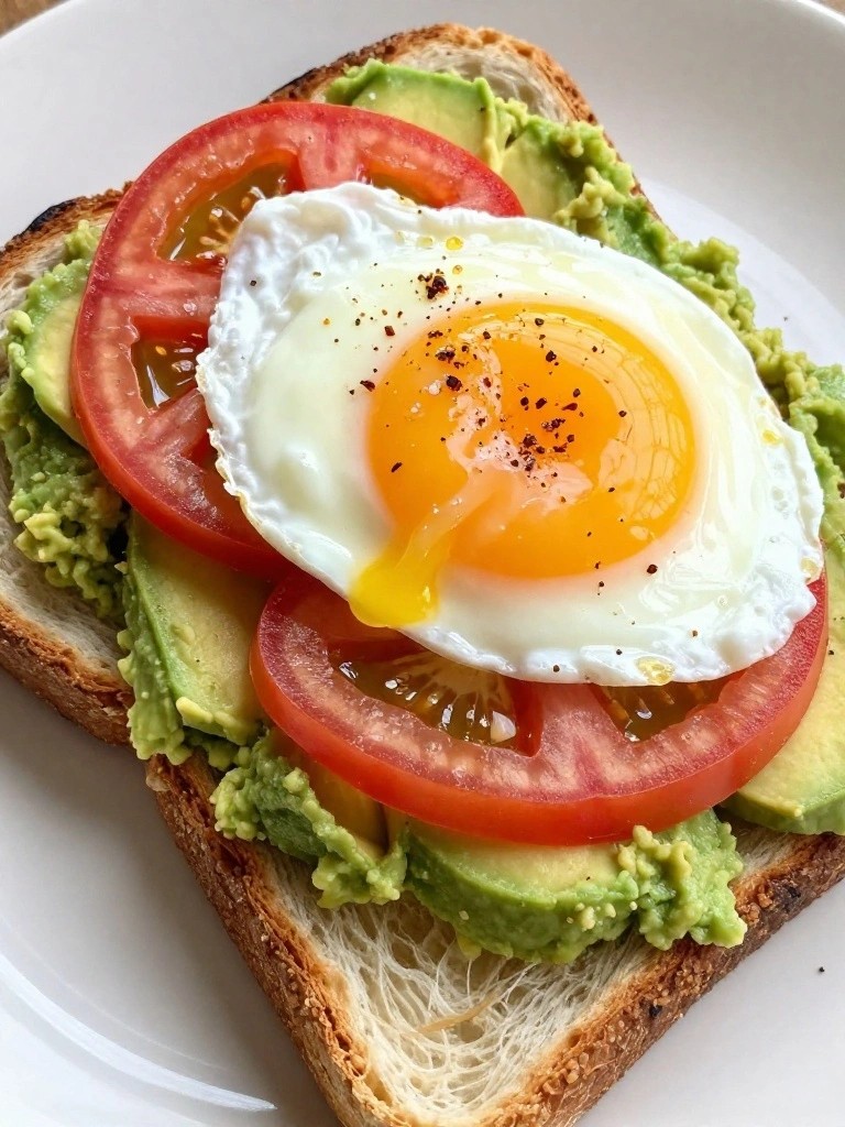 Avocado Tomato Toast with Chili Flakes and Poached Egg