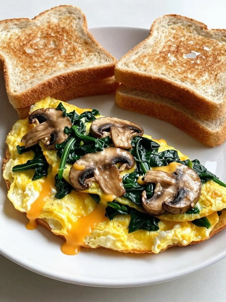 Cheesy Mushroom and Spinach Omelette with Whole Grain Toast