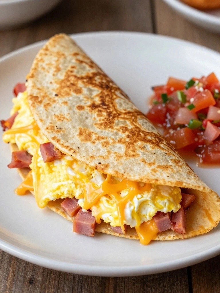 Ham and Cheddar Breakfast Quesadilla with Salsa