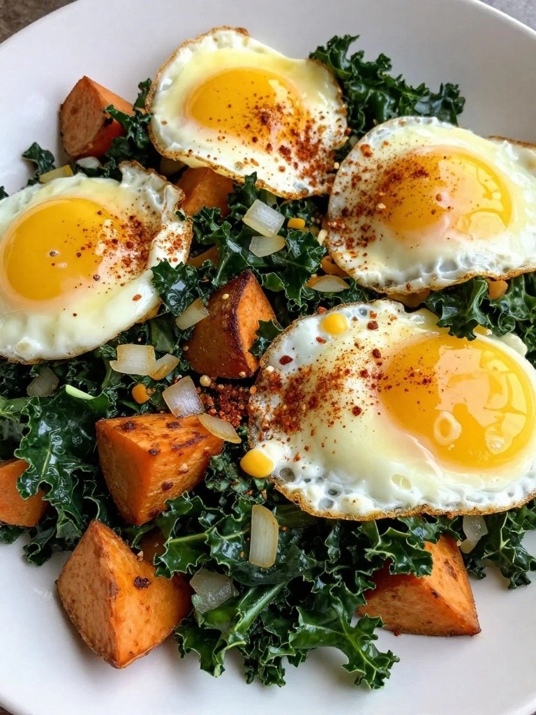Kale and Sweet Potato Hash with Sunny-Side-Up Eggs