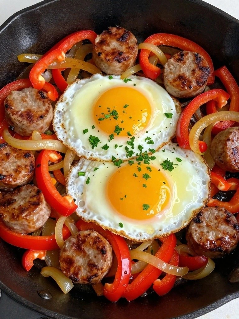 Turkey Sausage and Pepper Breakfast Skillet with Fried Egg