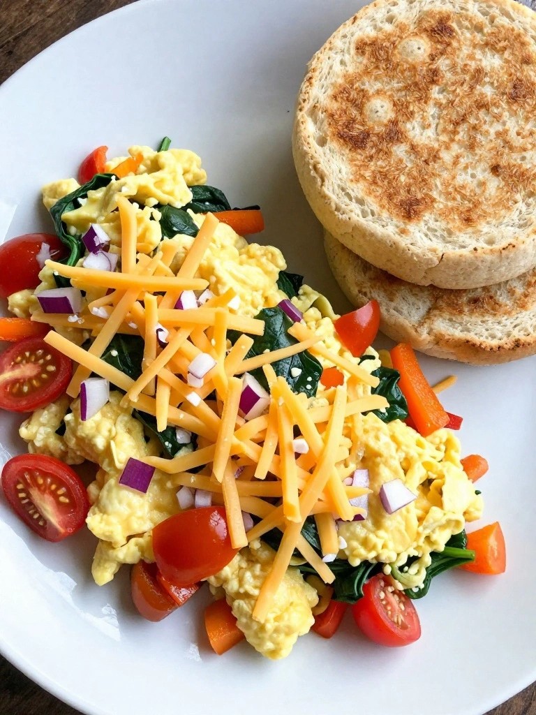 Veggie-Packed Microwave Egg Scramble with Whole Wheat English Muffin