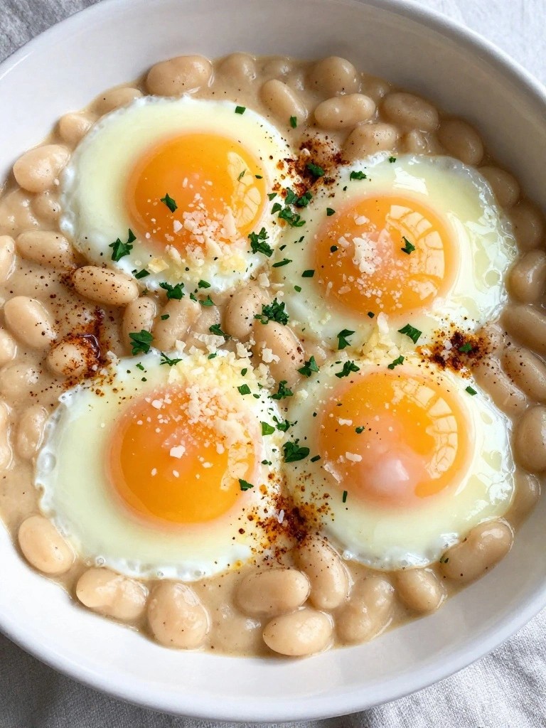 Baked Eggs in Spiced White Beans with Parmesan