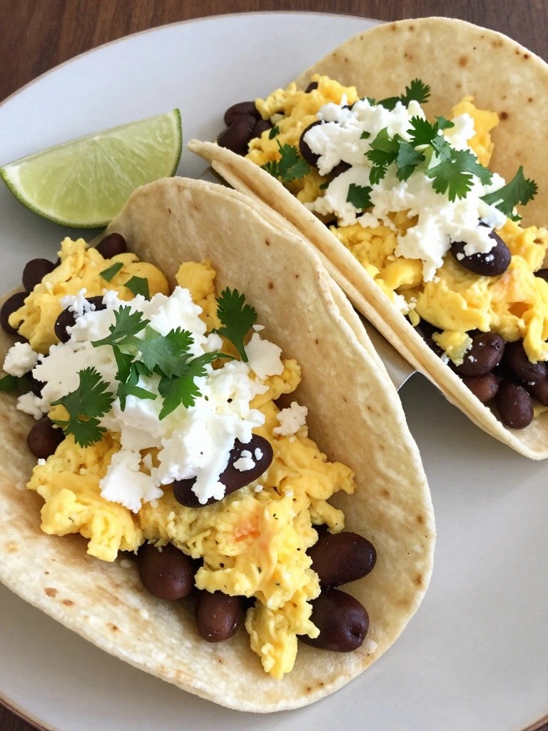 Breakfast Tacos with Scrambled Eggs, Black Beans, and Queso Fresco