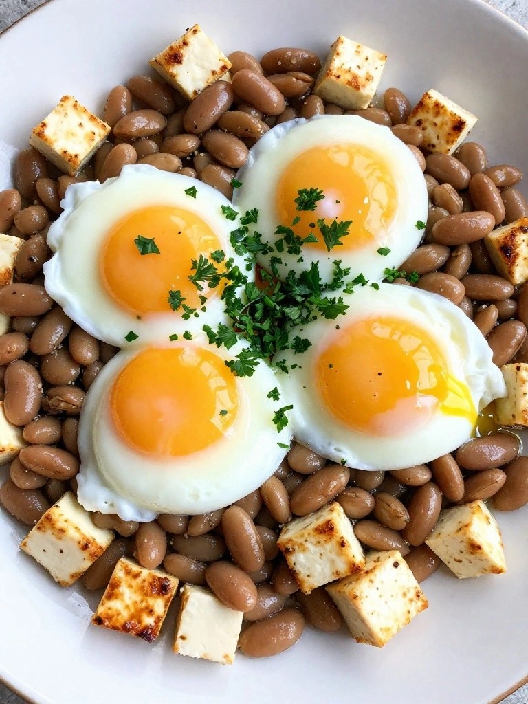 Halloumi and Gigante Bean Poached Egg Hash