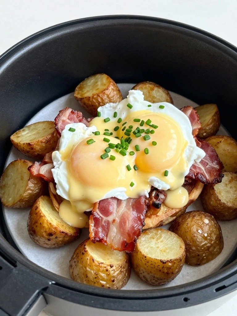 Air Fryer Potato Benedict with Canadian Bacon and Chive Hollandaise