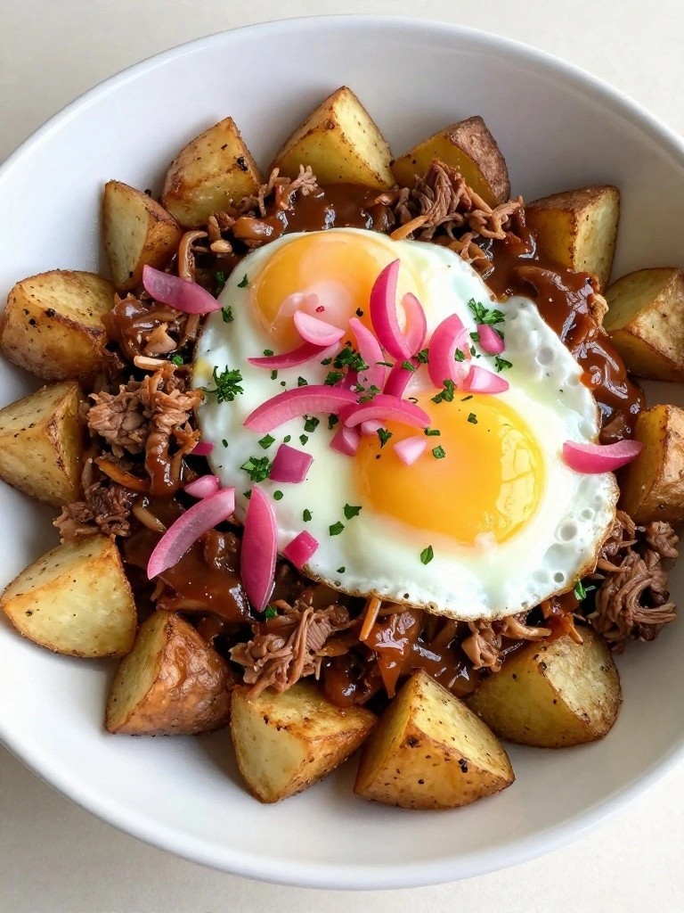 BBQ Pulled Pork Air Fryer Potato Bowls with Pickled Onions and Eggs