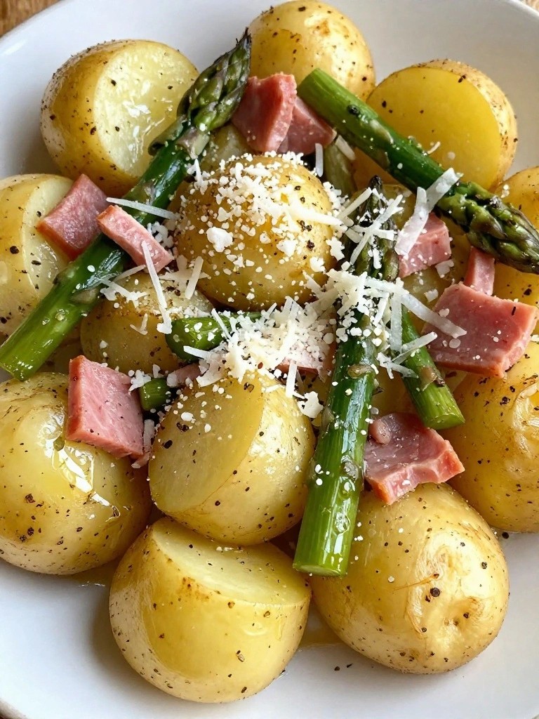 Garlic Herb Air Fryer Potatoes with Ham, Asparagus, and Parmesan