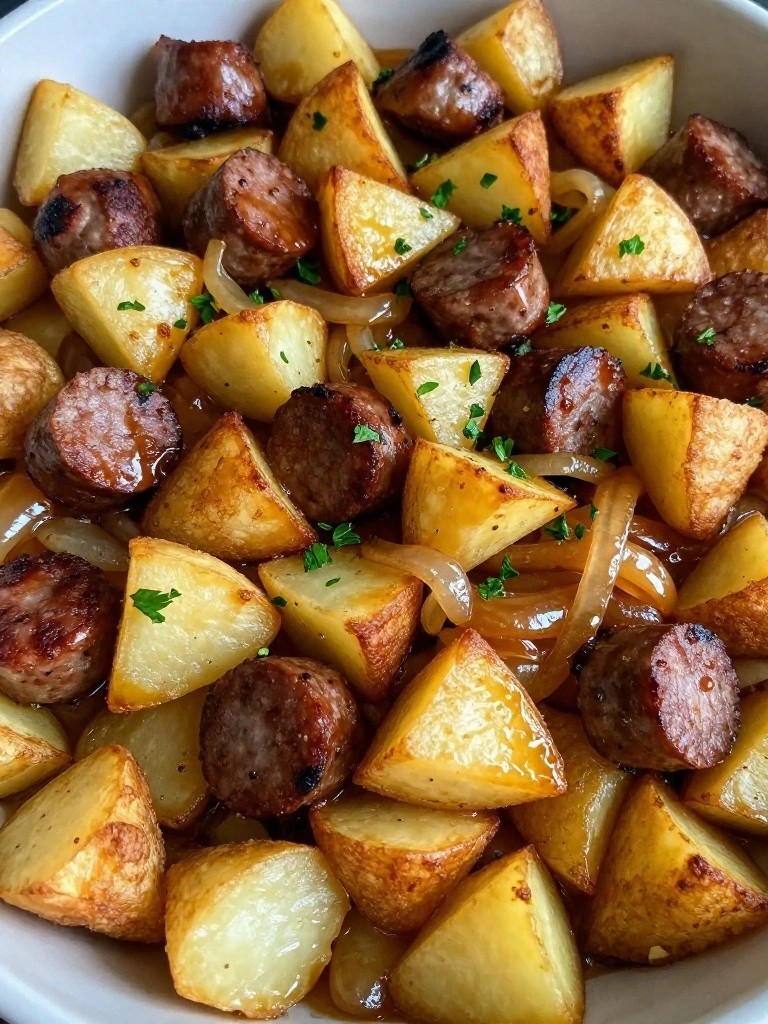 Maple Sausage Air Fryer Potato Skillet with Caramelized Onions
