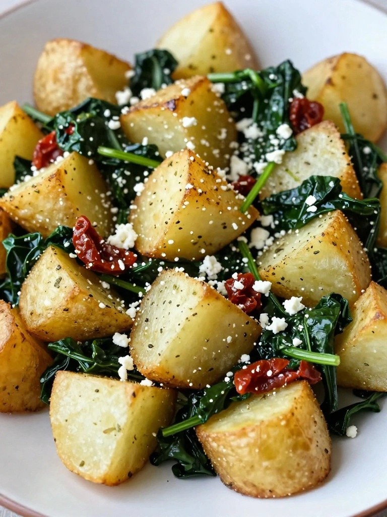 Mediterranean Air Fryer Potatoes with Feta, Spinach, and Sun-Dried Tomatoes