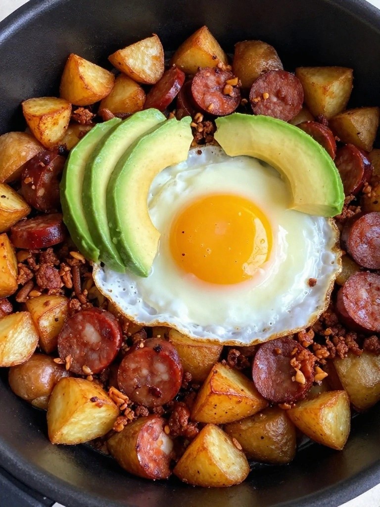 Mexican Chorizo Air Fryer Potato Hash with Fried Eggs and Avocado