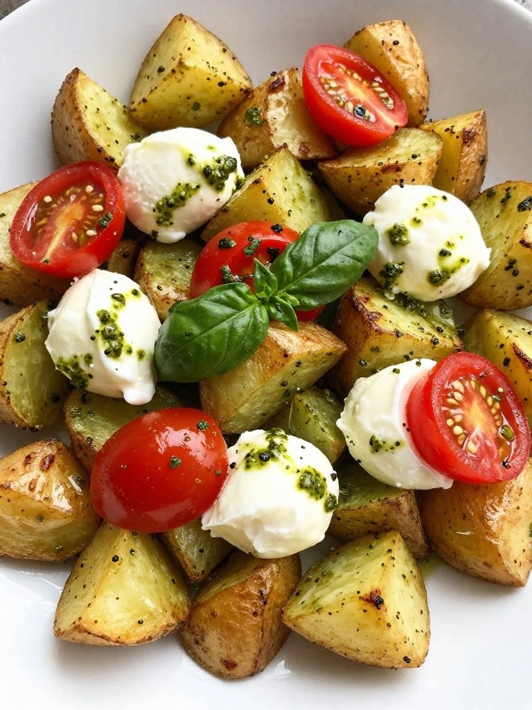 Pesto Air Fryer Breakfast Potatoes with Mozzarella and Cherry Tomatoes