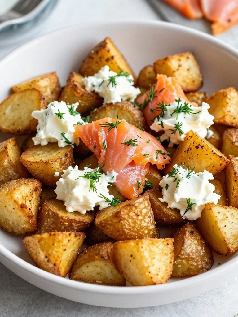 Smoked Salmon Air Fryer Breakfast Potatoes with Dill Cream Cheese