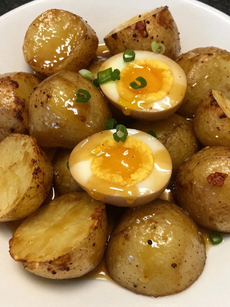 Soy-Glazed Air Fryer Potatoes with Soft-Boiled Eggs and Scallions