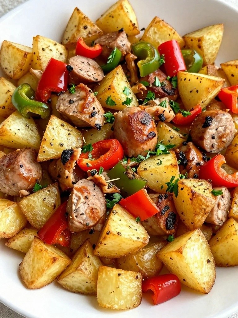 Turkey Sausage Air Fryer Potato Hash with Roasted Peppers and Herbs