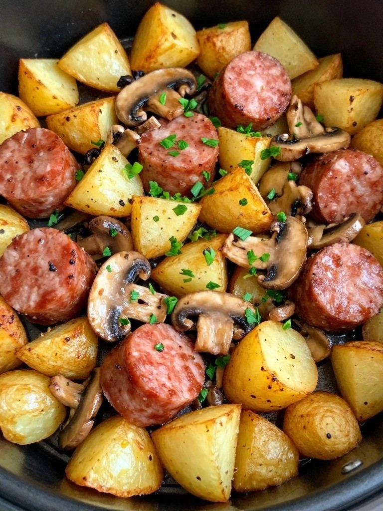 Veggie Sausage and Mushroom Air Fryer Potato Scramble with Fresh Herbs