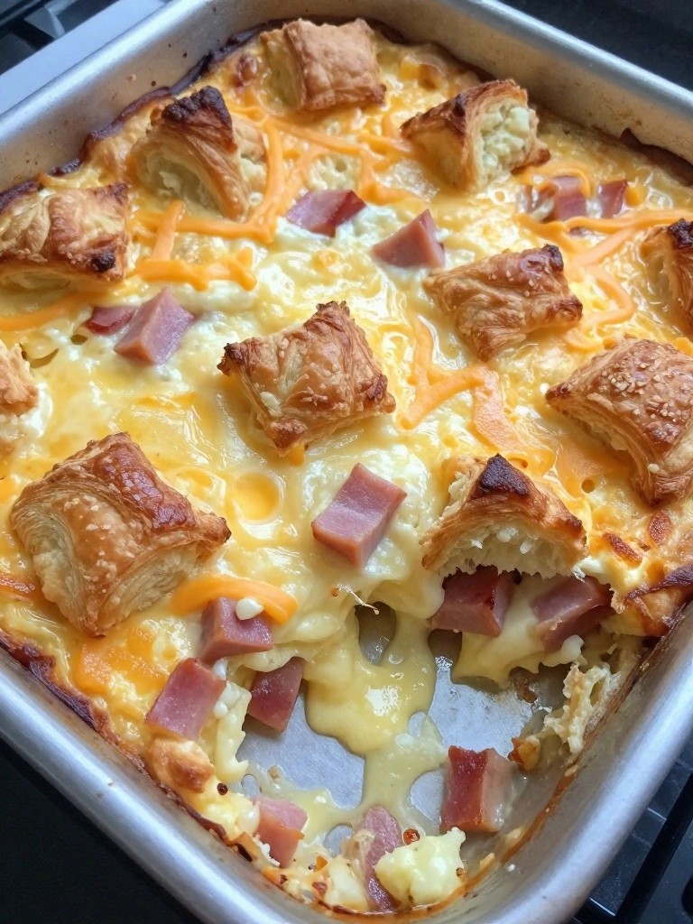 Sheet Pan Ham, Cheese, and Croissant Breakfast Casserole