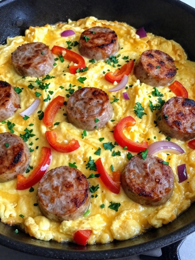 Sheet Pan Sausage, Pepper, and Egg Scramble