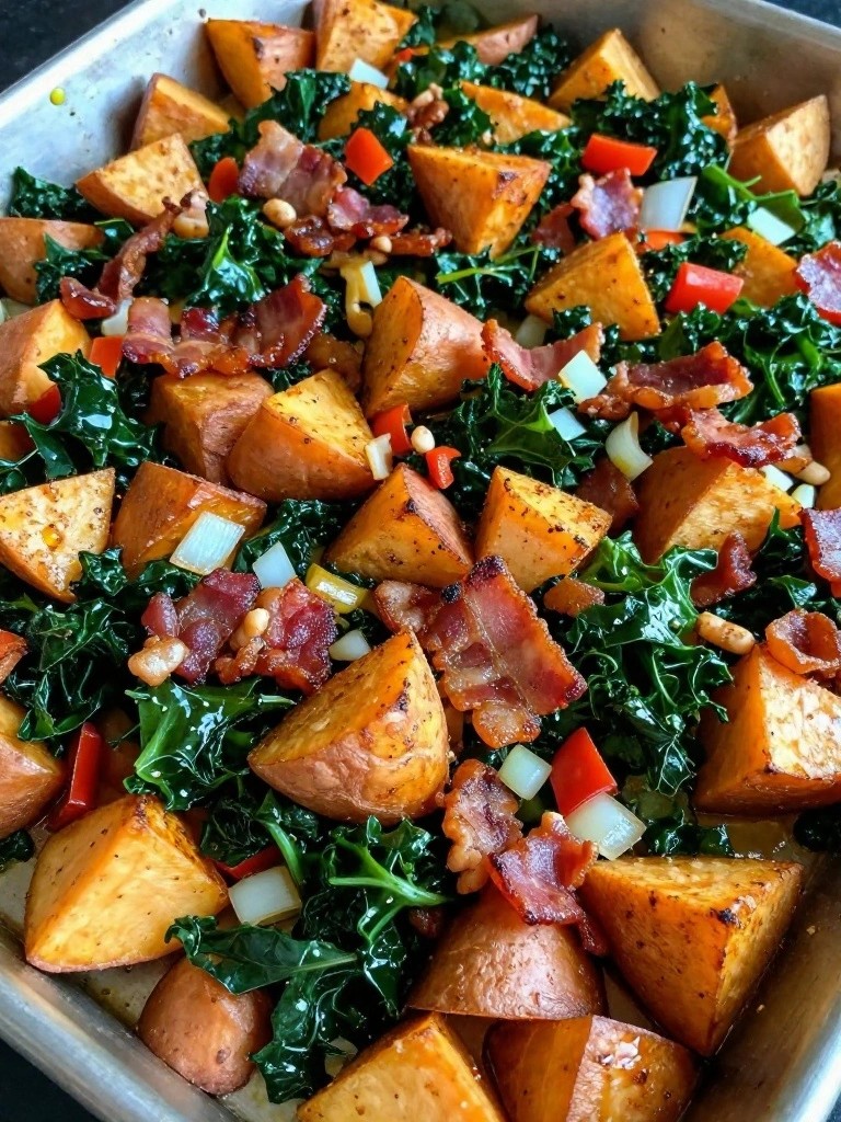Sheet Pan Sweet Potato Hash with Kale and Bacon
