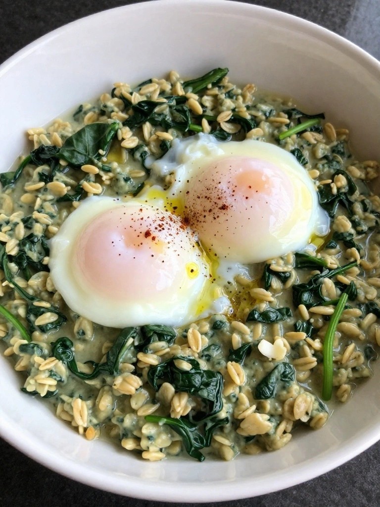 Savory Spinach Oatmeal with Poached Eggs