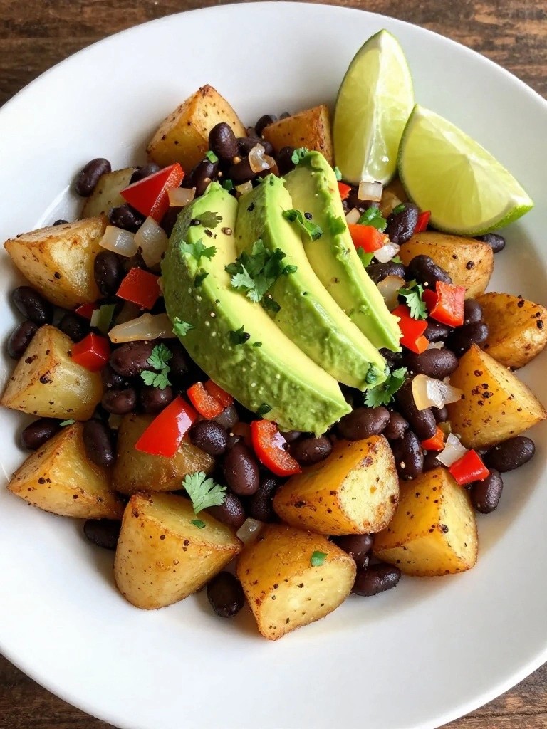 Black Bean and Chipotle Pepper Potato Hash with Avocado