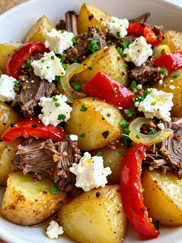 Mediterranean Lamb and Roasted Red Pepper Hash with Feta