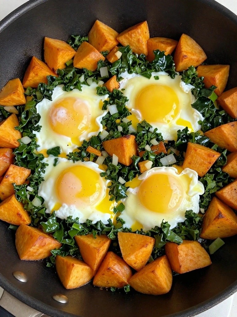 Kale Sweet Potato Breakfast Hash with Poached Eggs