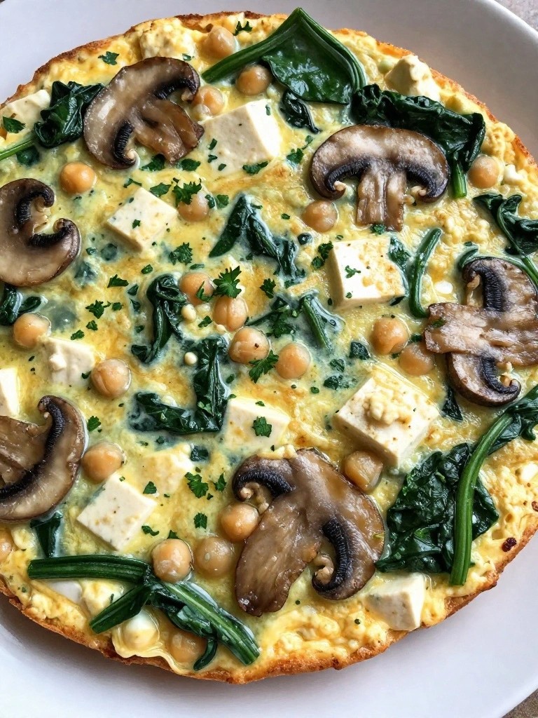 Chickpea Flour Tofu Scramble Frittata with Spinach and Mushrooms