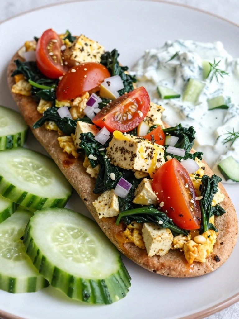 Greek Tofu Scramble Pita Pockets with Tzatziki and Cucumber