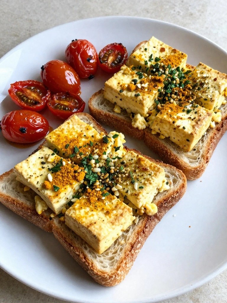 Herbed Tofu Scramble on Sourdough Toast with Roasted Cherry Tomatoes