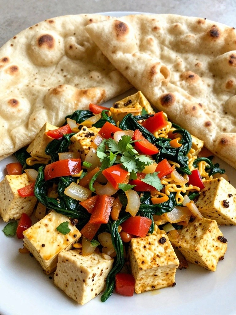 Indian-Spiced Tofu Scramble Served with Warm Naan