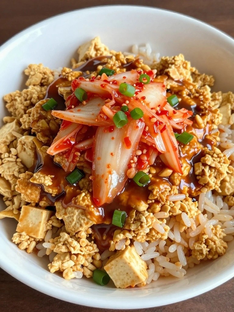 Korean-Style Tofu Scramble with Rice, Kimchi, and Scallions