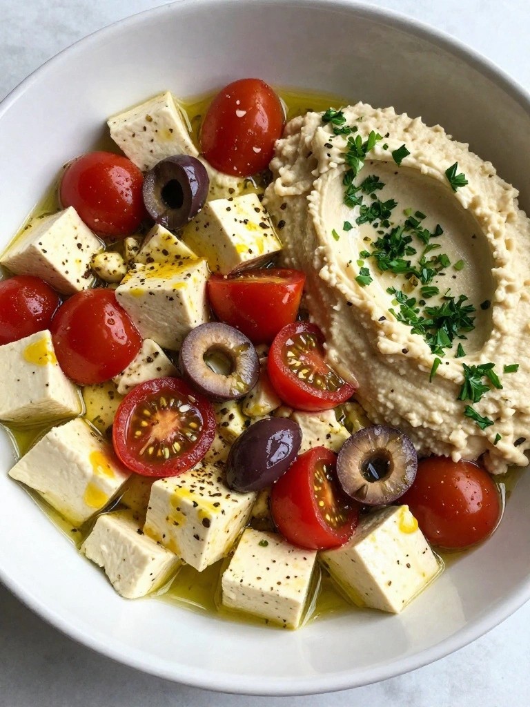 Mediterranean Tofu Scramble Bowl with Olives, Tomatoes, and Hummus