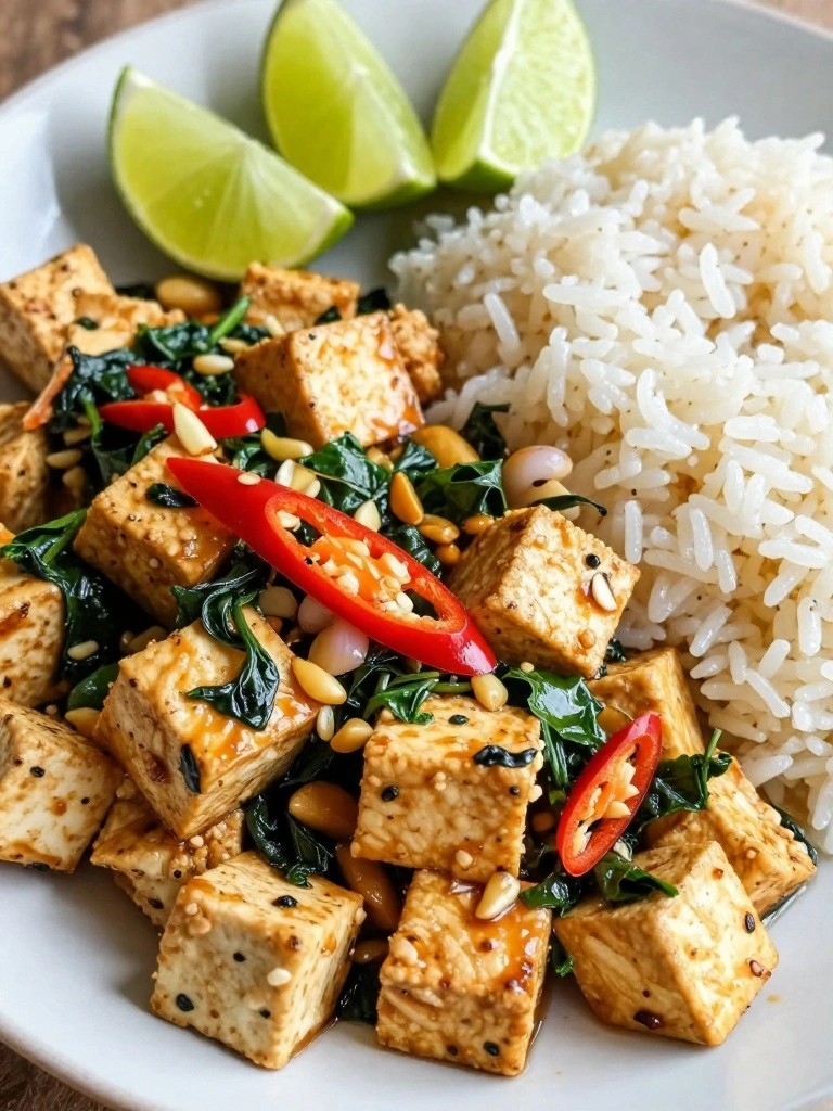 Thai Basil Tofu Scramble with Sticky Rice and Lime
