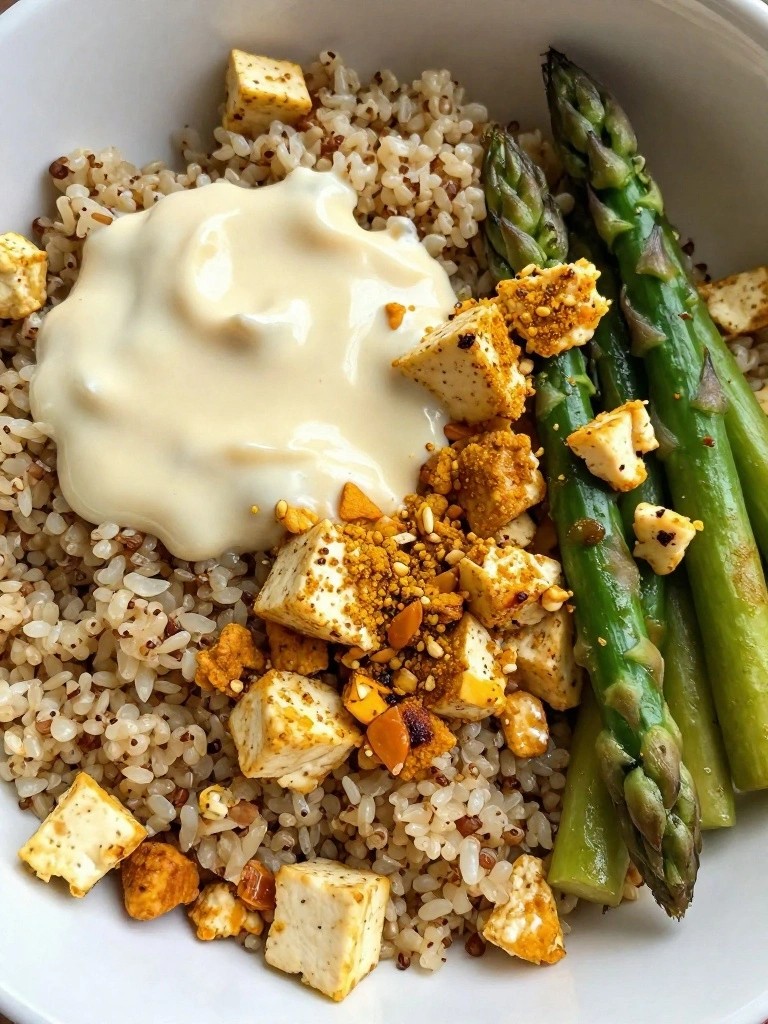 Tofu Scramble Breakfast Bowl with Quinoa, Asparagus, and Lemon Tahini