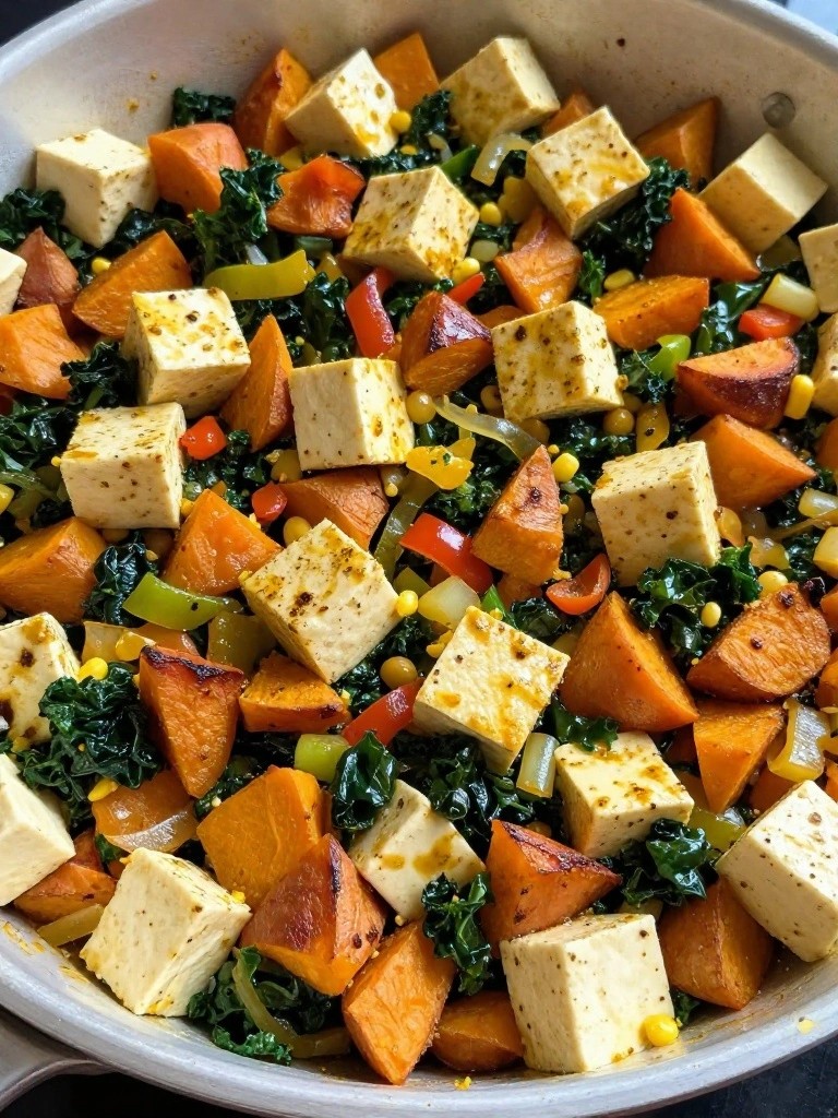 Tofu Scramble Hash with Sweet Potatoes, Kale, and Bell Peppers