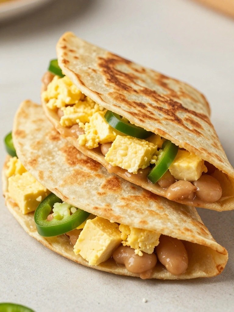 Tofu Scramble Quesadillas with Refried Beans and Jalapeños