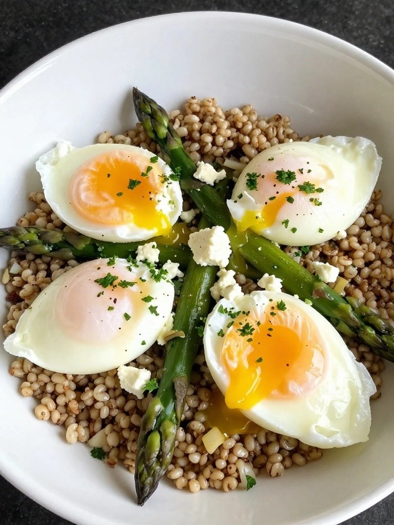 Barley and Asparagus Sauté with Poached Eggs