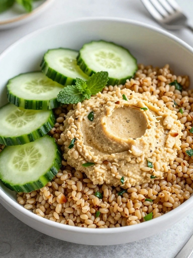 Bulgur Wheat Breakfast Salad with Cucumbers, Mint, and Hummus