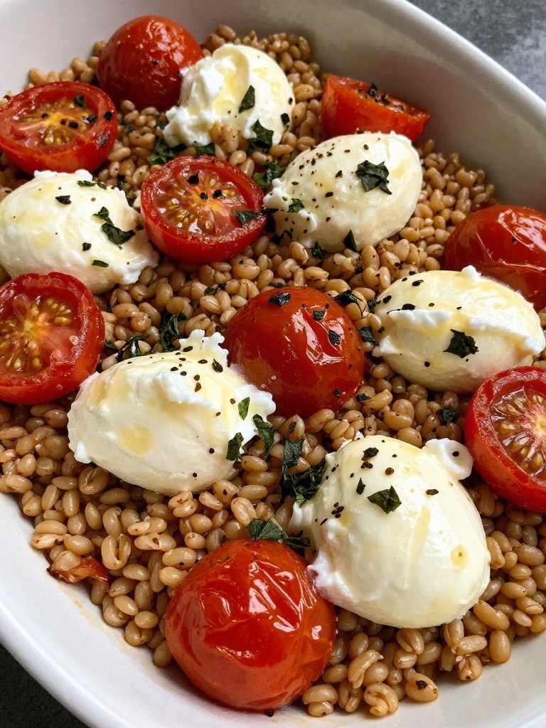 Farro and Tomato Bake with Mozzarella and Basil