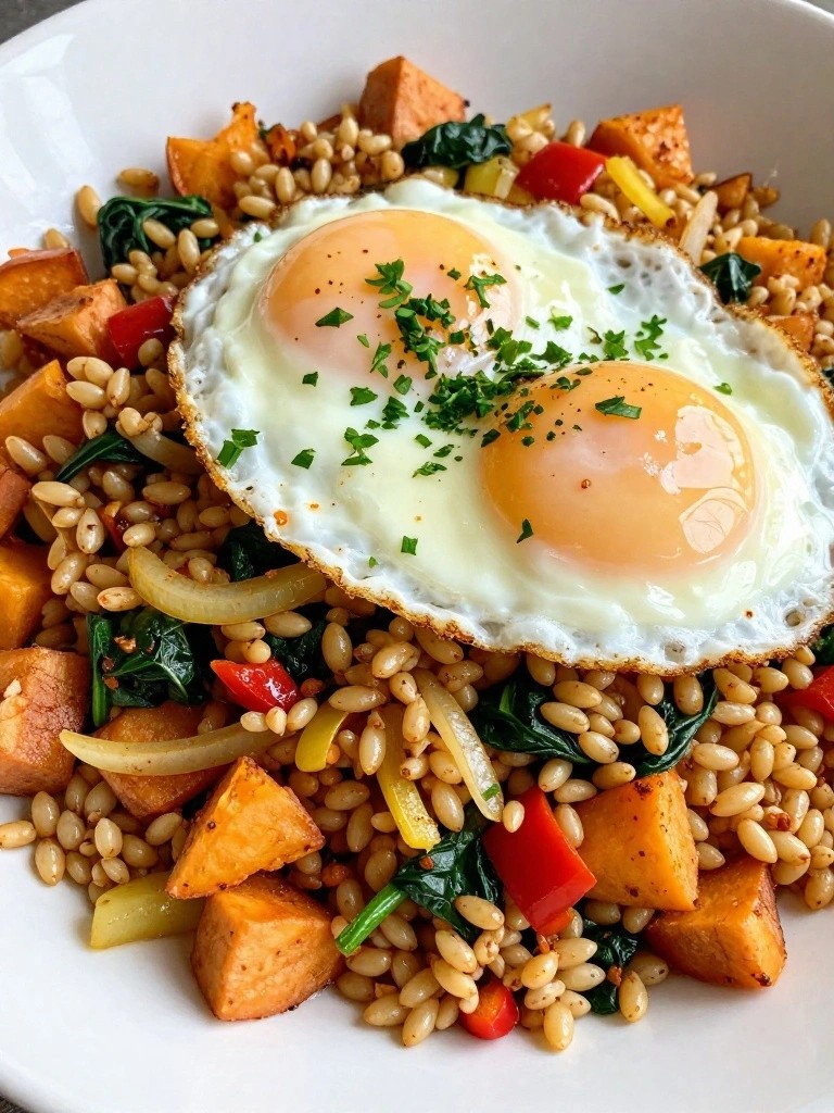 Farro Vegetable Hash with Sweet Potatoes and Fried Eggs