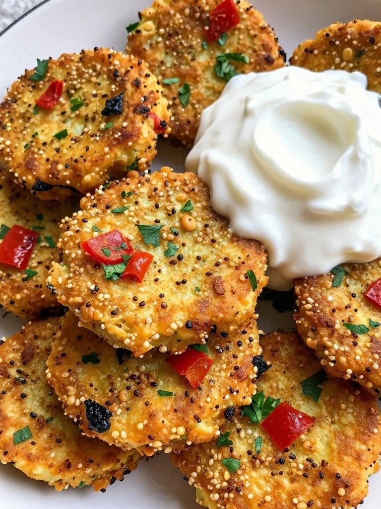 Millet Fritters with Roasted Red Peppers and Greek Yogurt Sauce