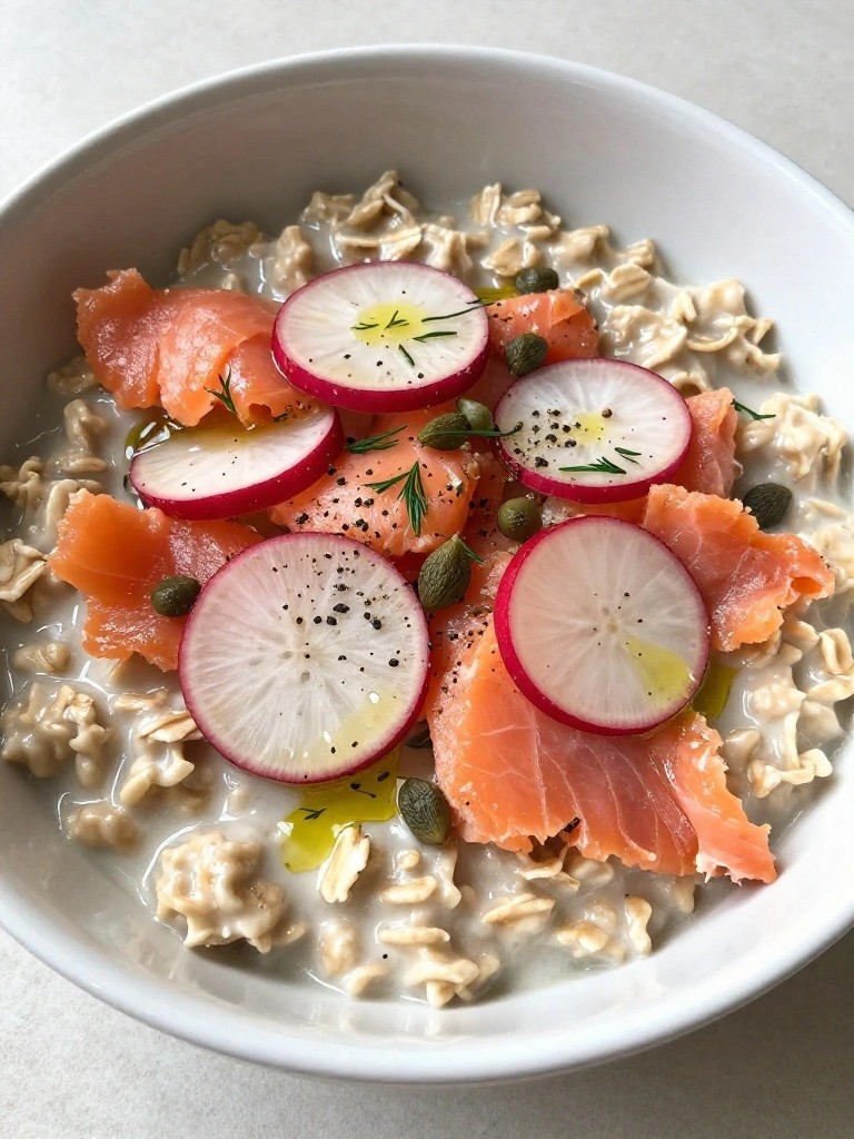 Savory Oatmeal Bowl with Smoked Salmon, Radishes, and Capers