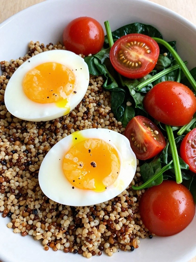 Savory Quinoa Breakfast Bowl with Spinach, Tomatoes, and Poached Eggs