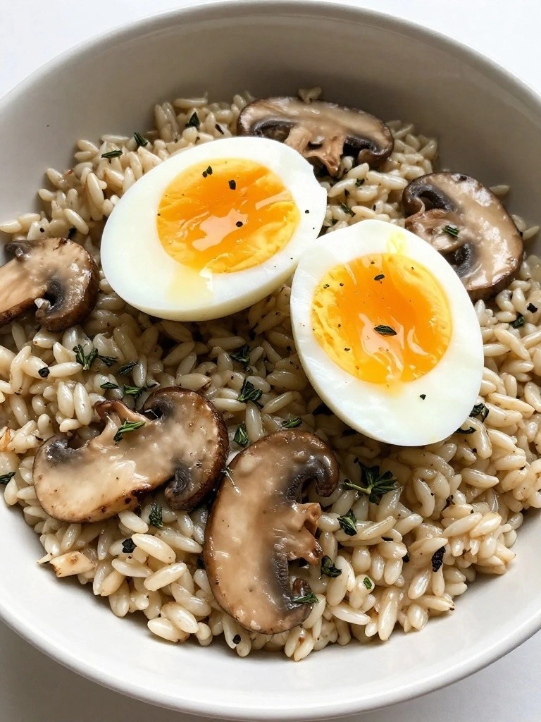 Steel-Cut Oat Risotto with Mushrooms, Thyme, and Soft-Boiled Eggs